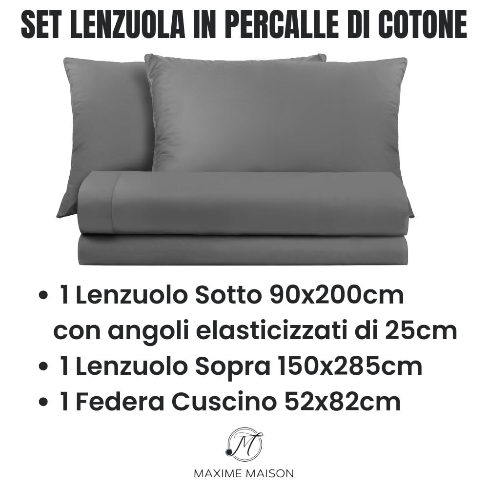 Lenzuola Percalle Made in Italy, Completo Letto Realizzato in Cotone Pregiato a Trama Fitta, Biancheria da Letto Certificata Oeko Tex Standard 100