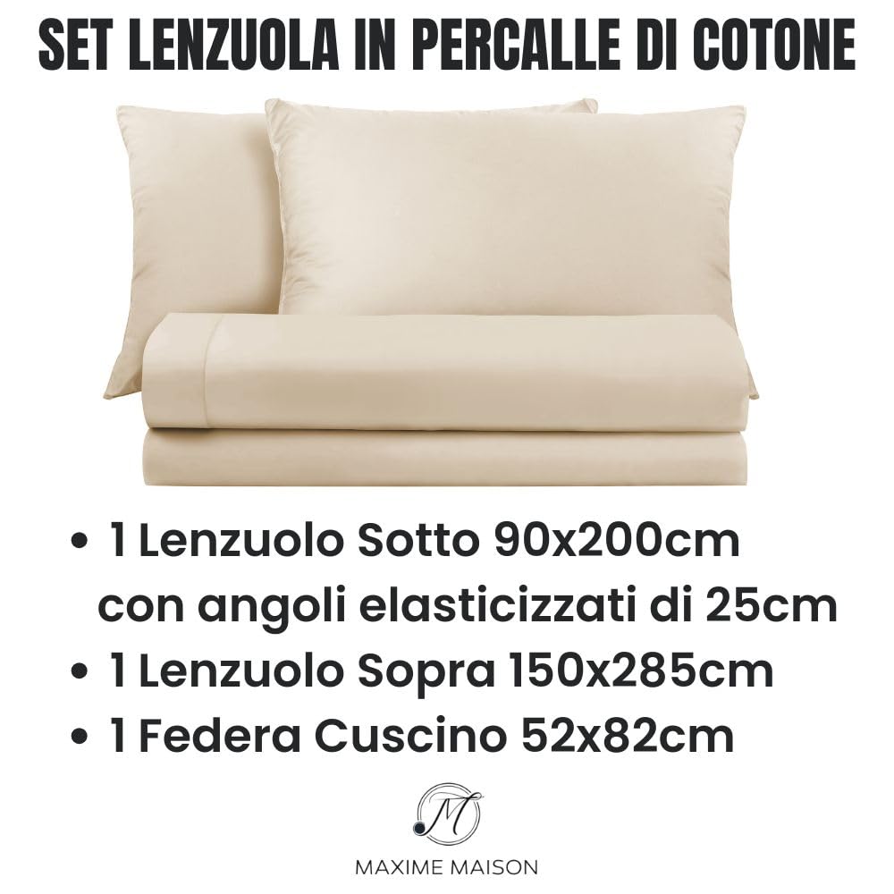 Lenzuola Percalle Made in Italy, Completo Letto Realizzato in Cotone Pregiato a Trama Fitta, Biancheria da Letto Certificata Oeko Tex Standard 100