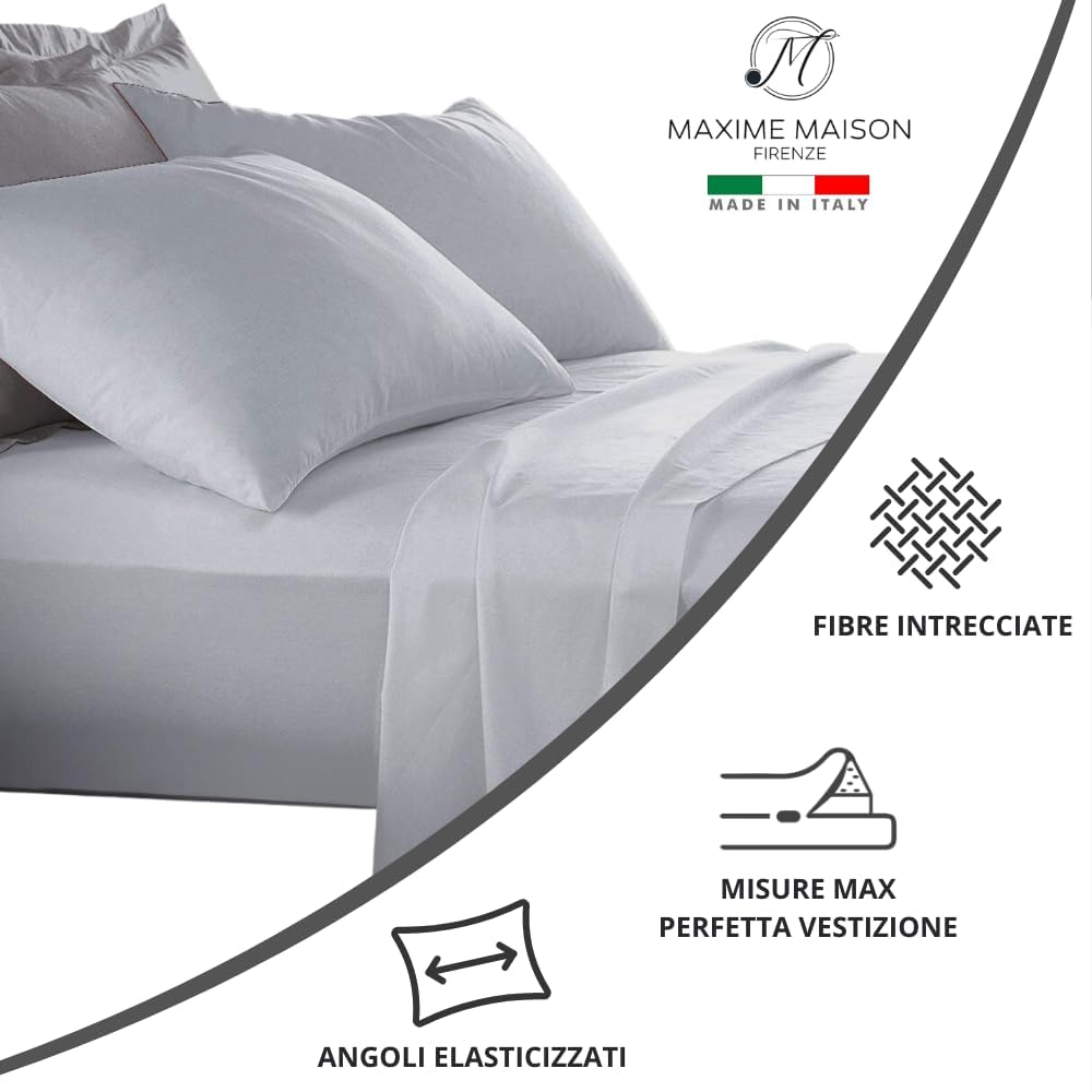 MAXIME MAISON - Set Lenzuola Cotone, Completo con Federe Cuscini Tinta Unita, Prodotto Made in Italy Anallergico