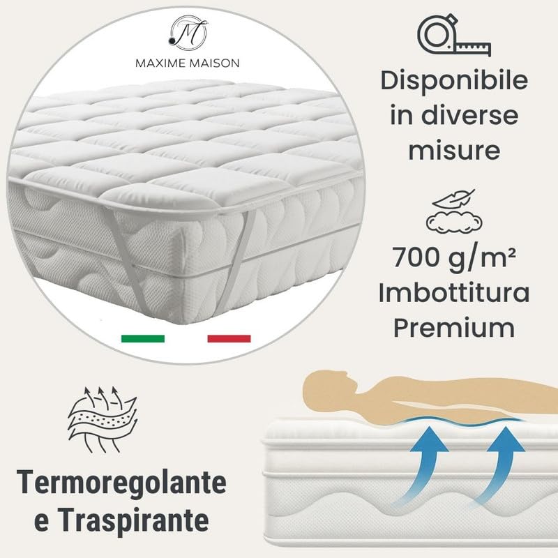 Topper Trapuntato con Elastici per Fissaggio - Imbottitura 700gr/mq Morbido, Protegge il Materasso dall'Usura e Migliora la Qualità del Sonno