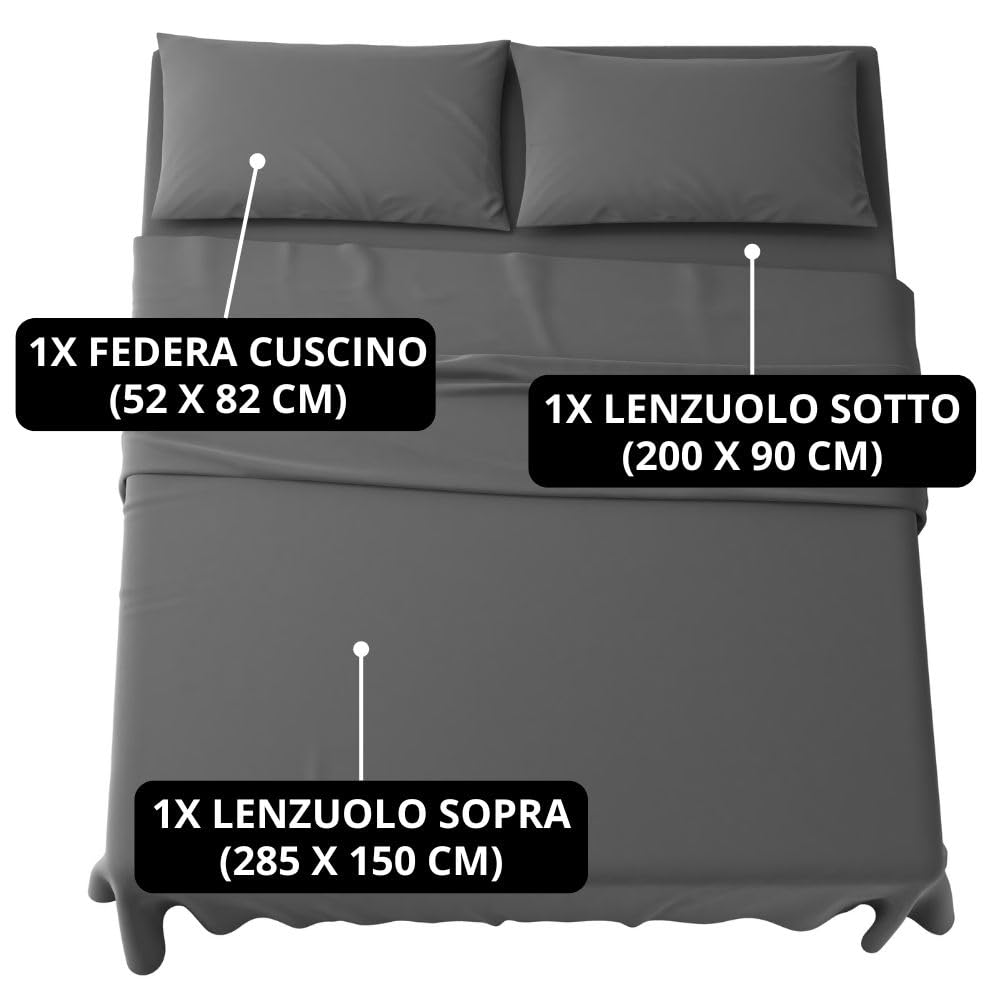 MAXIME MAISON - Set Lenzuola Letto Singolo 3 Pezzi, Completo Letto SIngolo in Microfibra Made in Italy, Biancheria da Letto 1 Lenzuolo con Angoli, 1 Lenzuolo Sopra, 1 Federa