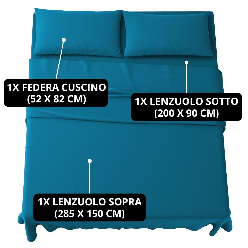 MAXIME MAISON - Set Lenzuola Letto Singolo 3 Pezzi, Completo Letto SIngolo in Microfibra Made in Italy, Biancheria da Letto 1 Lenzuolo con Angoli, 1 Lenzuolo Sopra, 1 Federa