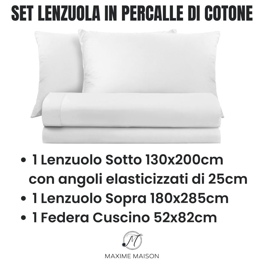 Lenzuola Percalle Made in Italy, Completo Letto Realizzato in Cotone Pregiato a Trama Fitta, Biancheria da Letto Certificata Oeko Tex Standard 100