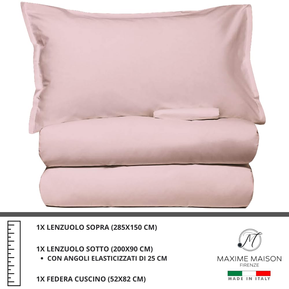 MAXIME MAISON - Set Lenzuola Cotone, Completo con Federe Cuscini Tinta Unita, Prodotto Made in Italy Anallergico