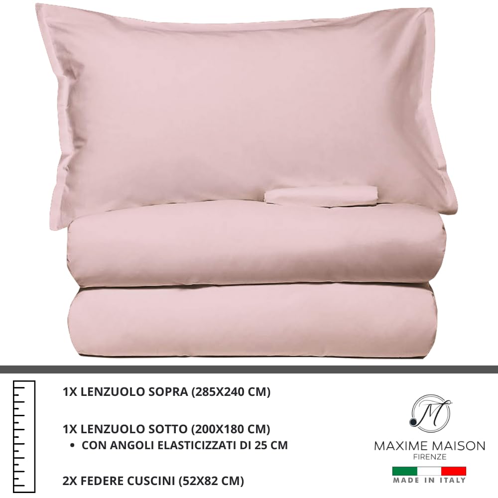 MAXIME MAISON - Set Lenzuola Cotone, Completo con Federe Cuscini Tinta Unita, Prodotto Made in Italy Anallergico