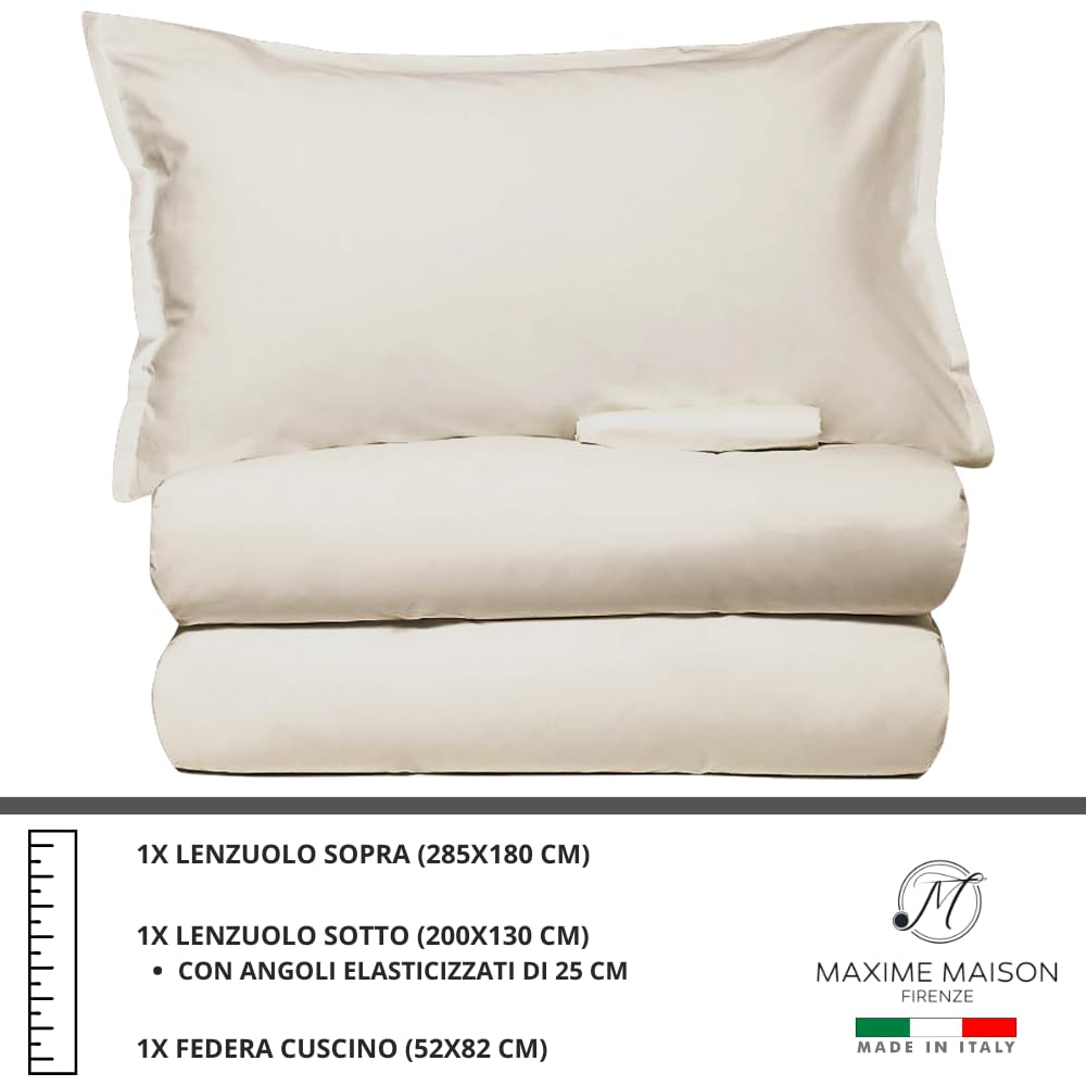 MAXIME MAISON - Set Lenzuola Cotone, Completo con Federe Cuscini Tinta Unita, Prodotto Made in Italy Anallergico