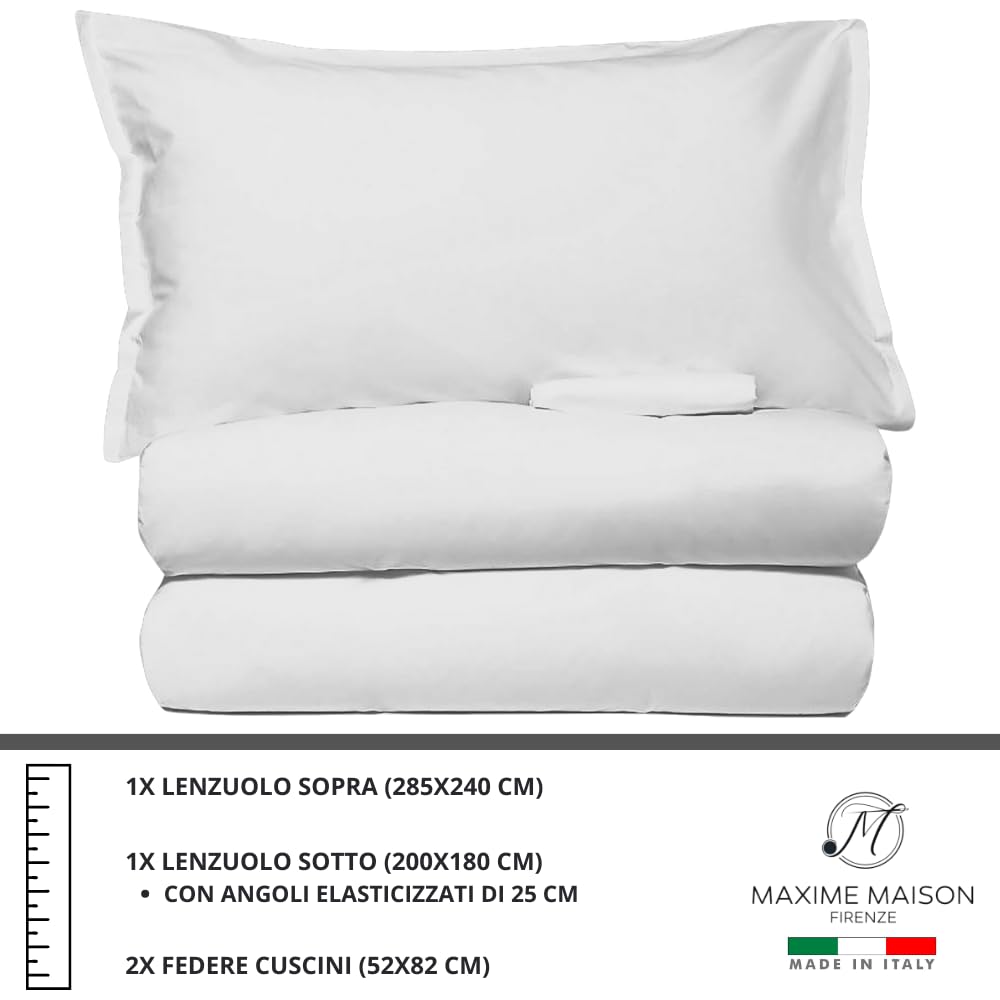 MAXIME MAISON - Set Lenzuola Cotone, Completo con Federe Cuscini Tinta Unita, Prodotto Made in Italy Anallergico