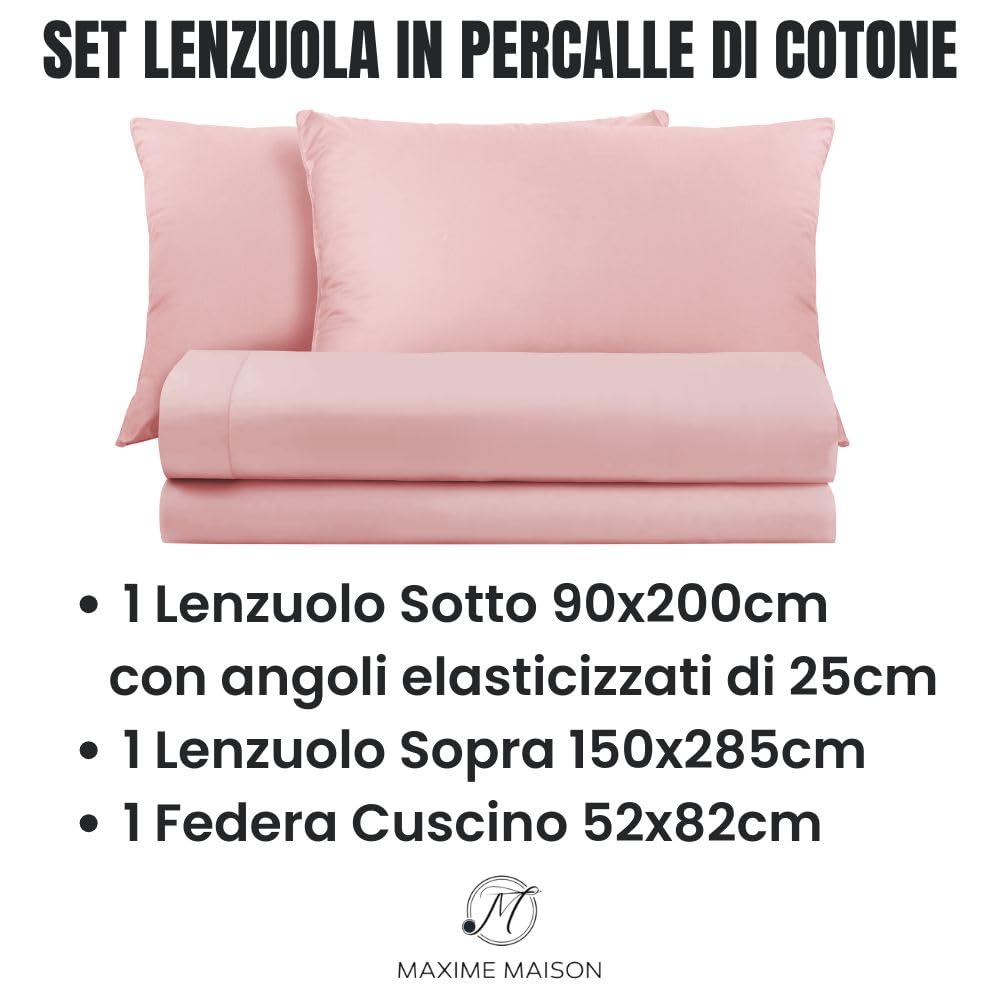 Lenzuola Percalle Made in Italy, Completo Letto Realizzato in Cotone Pregiato a Trama Fitta, Biancheria da Letto Certificata Oeko Tex Standard 100