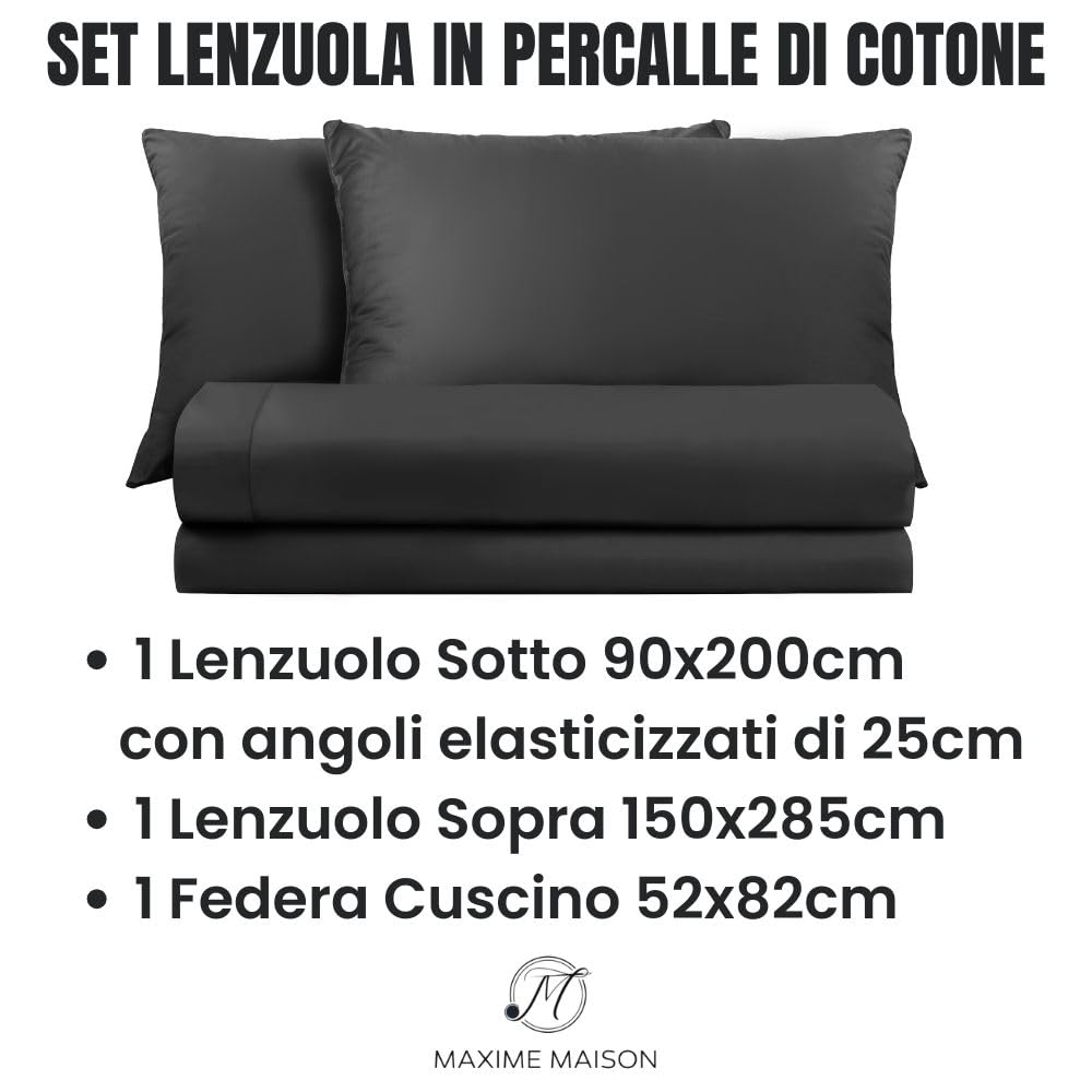 Lenzuola Percalle Made in Italy, Completo Letto Realizzato in Cotone Pregiato a Trama Fitta, Biancheria da Letto Certificata Oeko Tex Standard 100