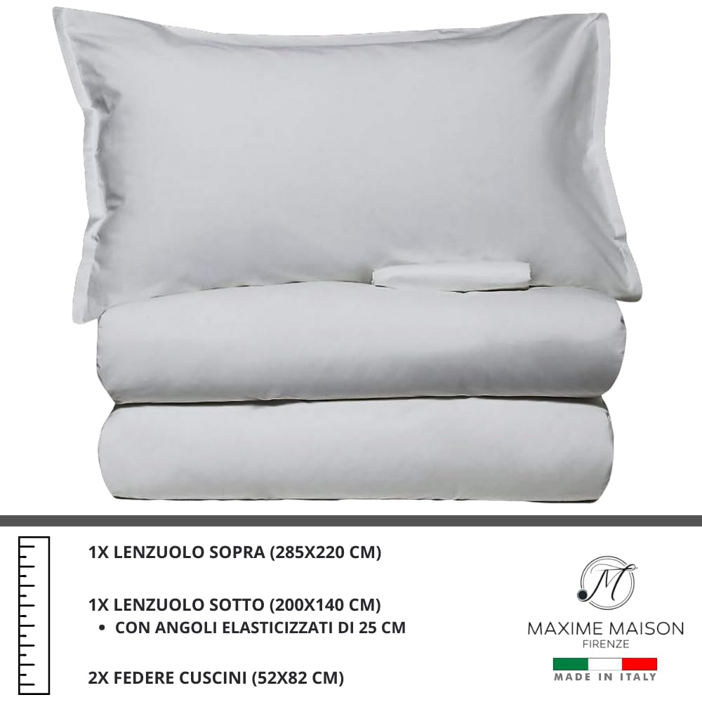 MAXIME MAISON - Set Lenzuola Cotone, Completo con Federe Cuscini Tinta Unita, Prodotto Made in Italy Anallergico