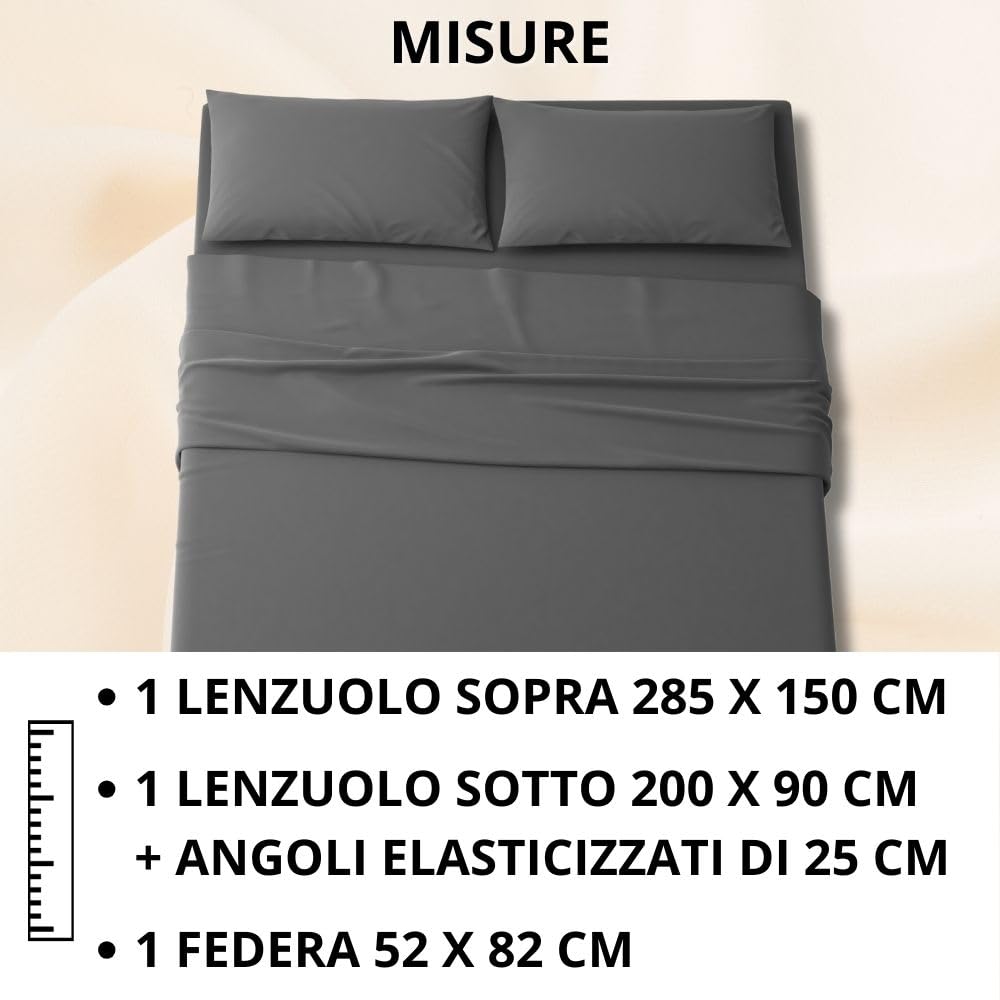 MAXIME MAISON - Set Lenzuola Letto Singolo 3 Pezzi, Completo Letto SIngolo in Microfibra Made in Italy, Biancheria da Letto 1 Lenzuolo con Angoli, 1 Lenzuolo Sopra, 1 Federa