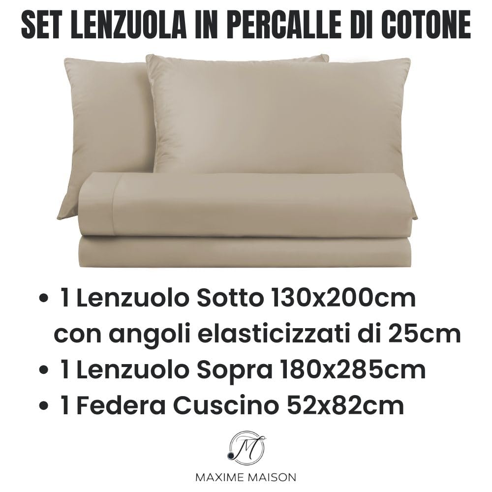 Lenzuola Percalle Made in Italy, Completo Letto Realizzato in Cotone Pregiato a Trama Fitta, Biancheria da Letto Certificata Oeko Tex Standard 100