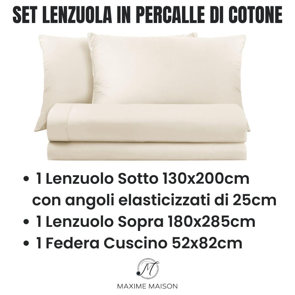 Lenzuola Percalle Made in Italy, Completo Letto Realizzato in Cotone Pregiato a Trama Fitta, Biancheria da Letto Certificata Oeko Tex Standard 100