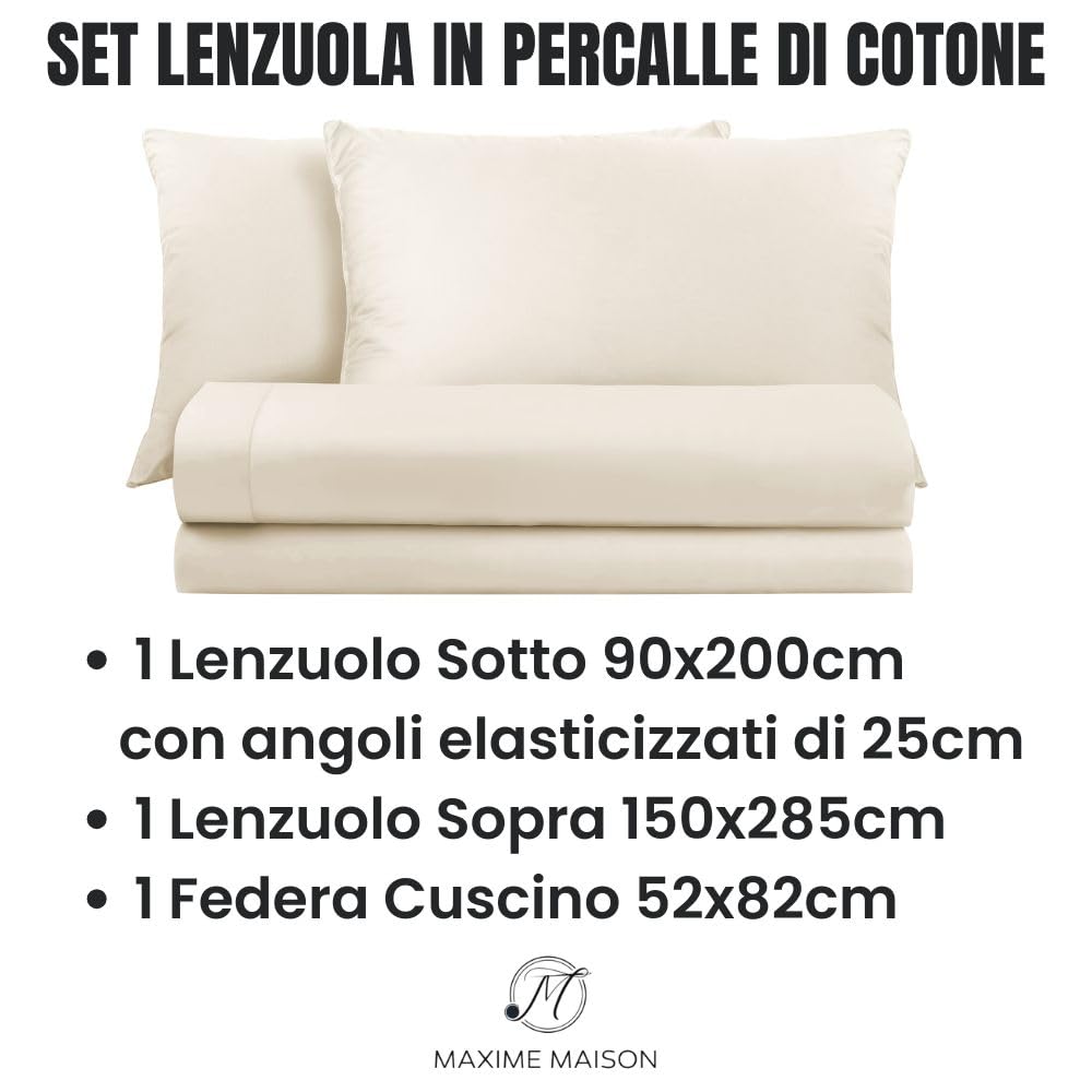Lenzuola Percalle Made in Italy, Completo Letto Realizzato in Cotone Pregiato a Trama Fitta, Biancheria da Letto Certificata Oeko Tex Standard 100