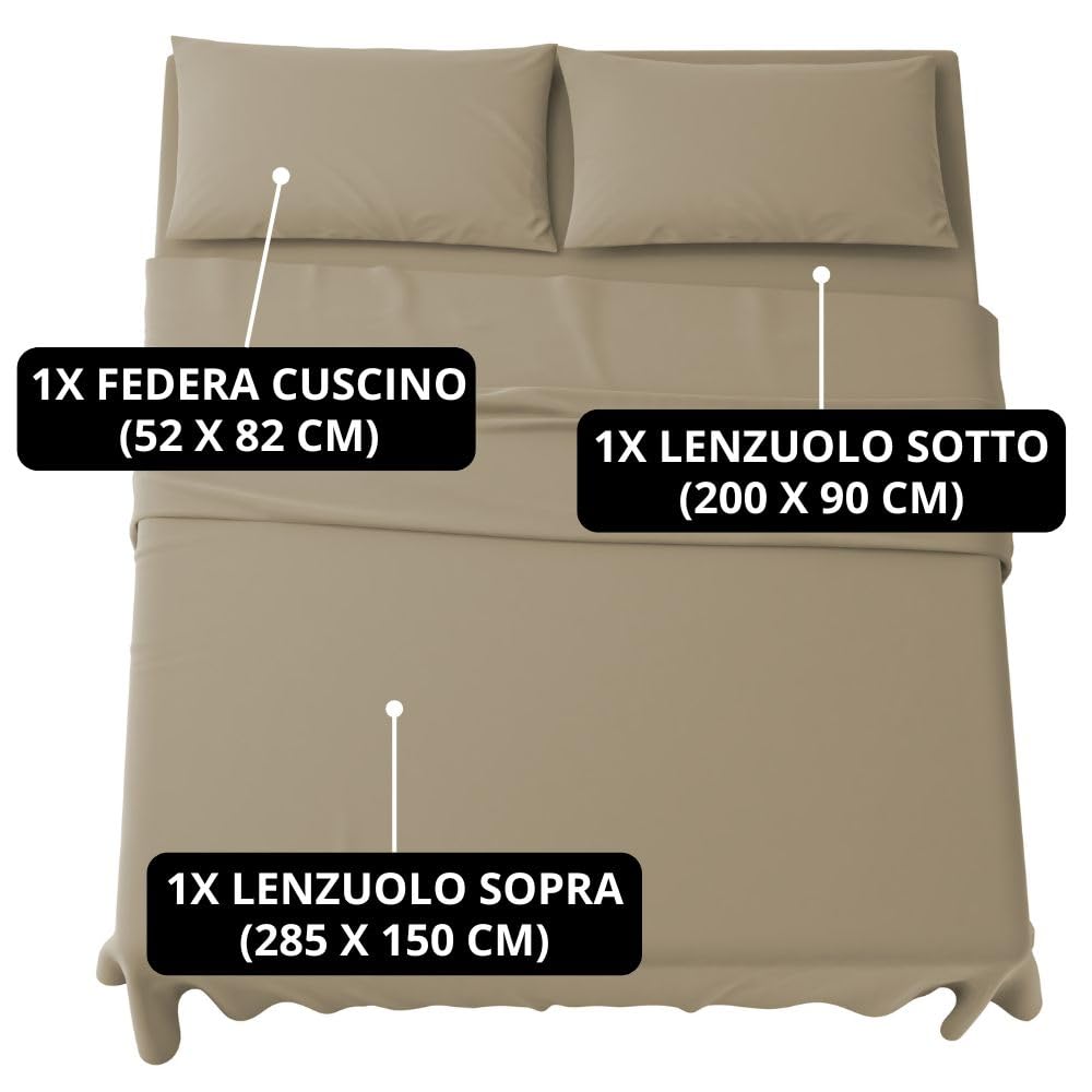 MAXIME MAISON - Set Lenzuola Letto Singolo 3 Pezzi, Completo Letto SIngolo in Microfibra Made in Italy, Biancheria da Letto 1 Lenzuolo con Angoli, 1 Lenzuolo Sopra, 1 Federa