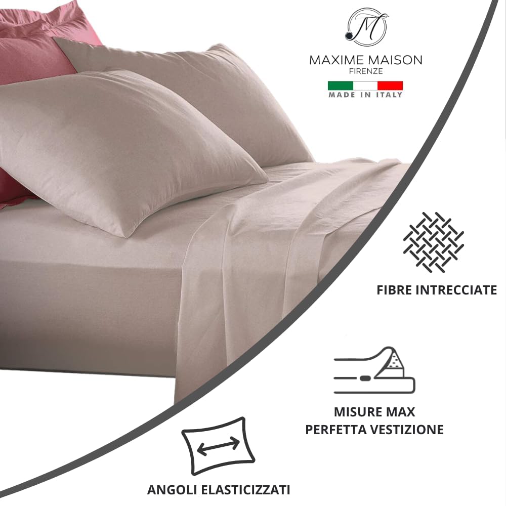 MAXIME MAISON - Set Lenzuola Cotone, Completo con Federe Cuscini Tinta Unita, Prodotto Made in Italy Anallergico
