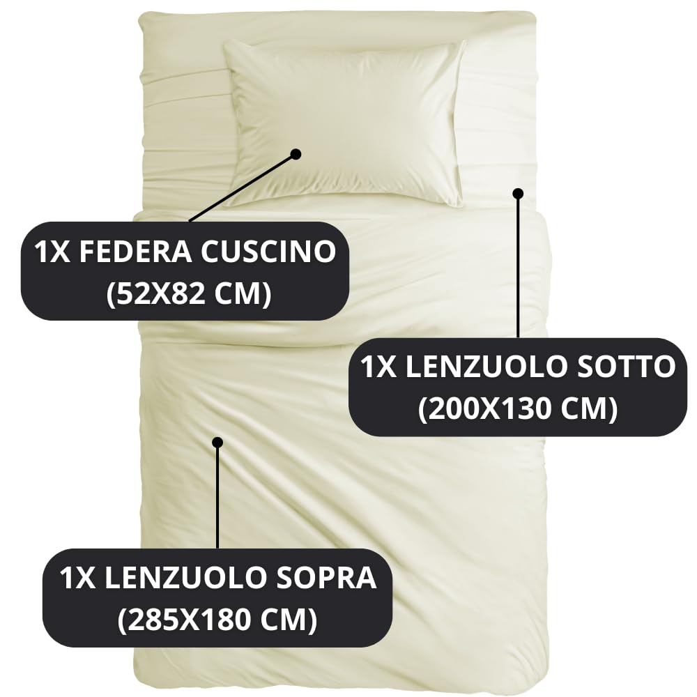MAXIME MAISON - Set Lenzuola Letto Singolo 3 Pezzi, Completo Letto SIngolo in Microfibra Made in Italy, Biancheria da Letto 1 Lenzuolo con Angoli, 1 Lenzuolo Sopra, 1 Federa