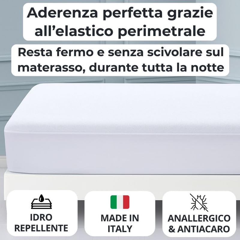 Coprimaterasso Impermeabile Antiacaro, con Angoli Idrorepellente, Tessuto Certificato OEKO-TEX STANDARD 100 e Realizzato in Italia
