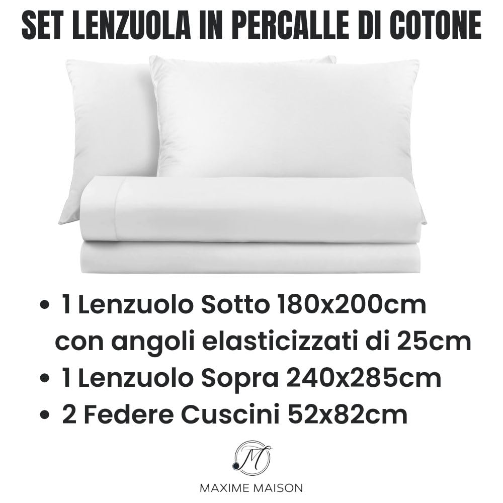 Lenzuola Percalle Made in Italy, Completo Letto Realizzato in Cotone Pregiato a Trama Fitta, Biancheria da Letto Certificata Oeko Tex Standard 100