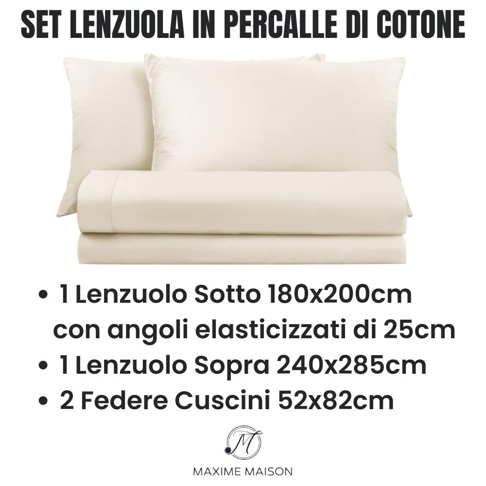 Lenzuola Percalle Made in Italy, Completo Letto Realizzato in Cotone Pregiato a Trama Fitta, Biancheria da Letto Certificata Oeko Tex Standard 100