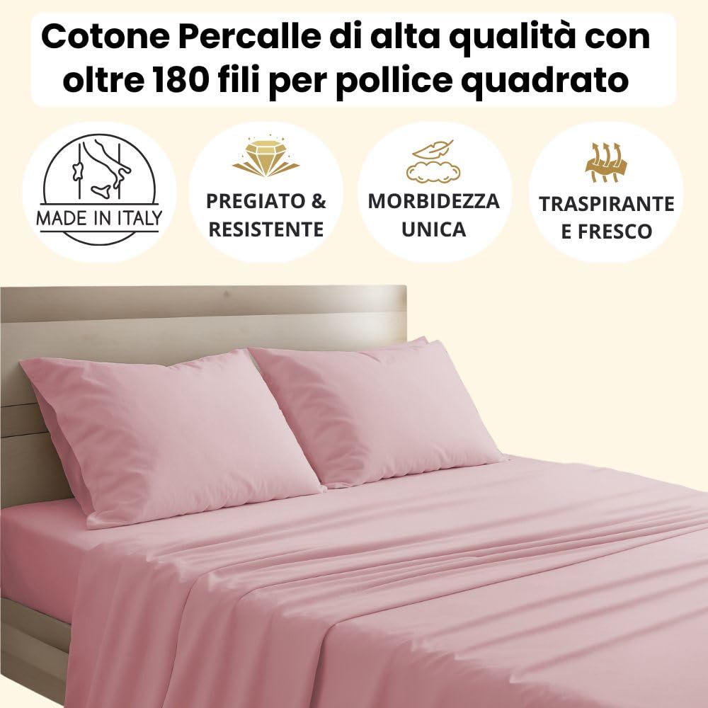 Lenzuola Percalle Made in Italy, Completo Letto Realizzato in Cotone Pregiato a Trama Fitta, Biancheria da Letto Certificata Oeko Tex Standard 100