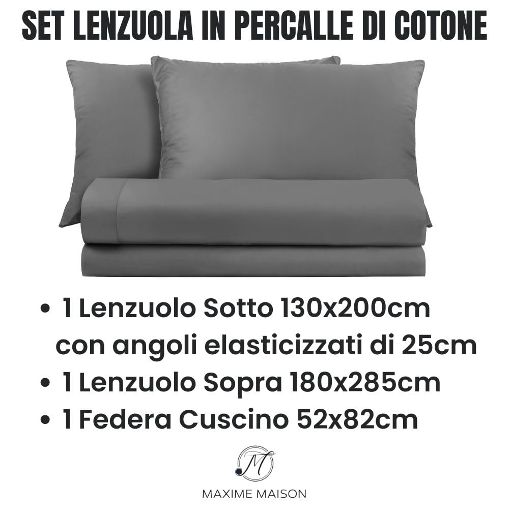 Lenzuola Percalle Made in Italy, Completo Letto Realizzato in Cotone Pregiato a Trama Fitta, Biancheria da Letto Certificata Oeko Tex Standard 100