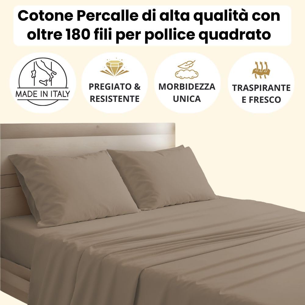 Lenzuola Percalle Made in Italy, Completo Letto Realizzato in Cotone Pregiato a Trama Fitta, Biancheria da Letto Certificata Oeko Tex Standard 100