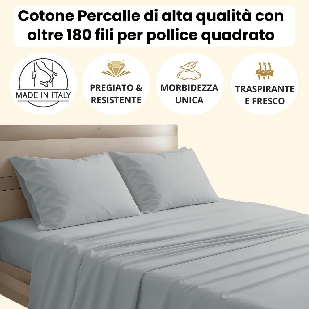 Lenzuola Percalle Made in Italy, Completo Letto Realizzato in Cotone Pregiato a Trama Fitta, Biancheria da Letto Certificata Oeko Tex Standard 100