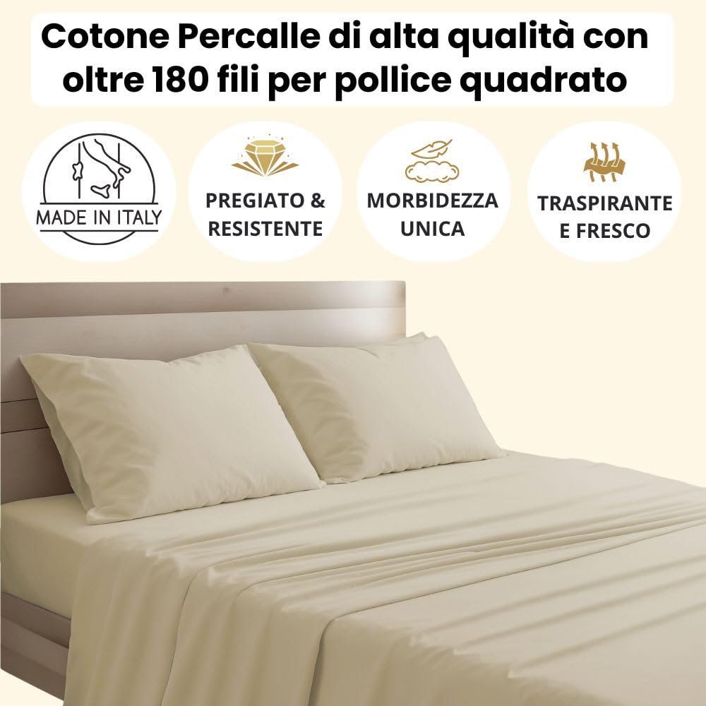 Lenzuola Percalle Made in Italy, Completo Letto Realizzato in Cotone Pregiato a Trama Fitta, Biancheria da Letto Certificata Oeko Tex Standard 100