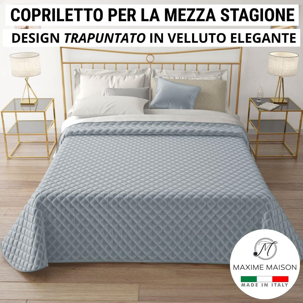 Trapunta Primaverile Autunnale Trapuntata in Morbido Velluto Elegante, Copriletto Leggero Made in Italy, Sensazione di Vero Lusso al Tatto