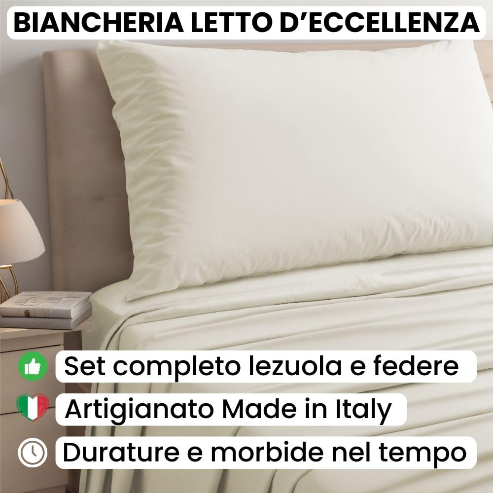 Lenzuola Percalle Made in Italy, Completo Letto Realizzato in Cotone Pregiato a Trama Fitta, Biancheria da Letto Certificata Oeko Tex Standard 100