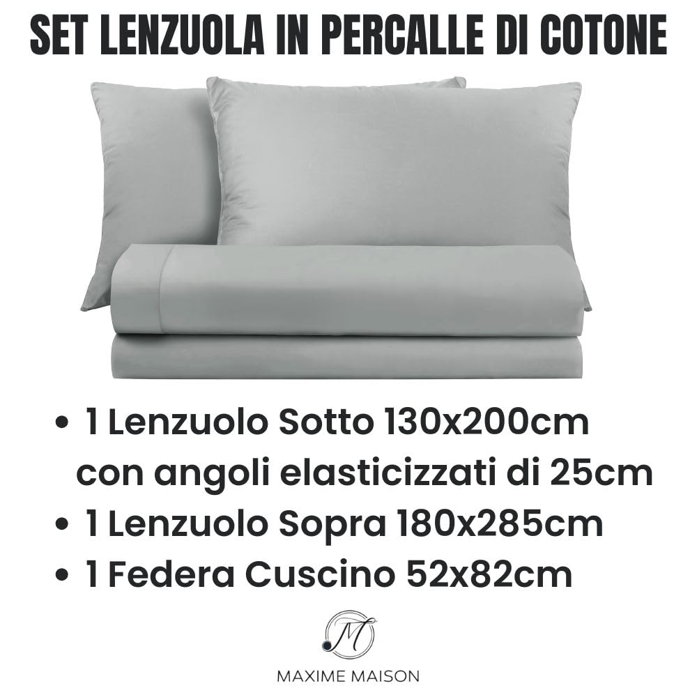 Lenzuola Percalle Made in Italy, Completo Letto Realizzato in Cotone Pregiato a Trama Fitta, Biancheria da Letto Certificata Oeko Tex Standard 100