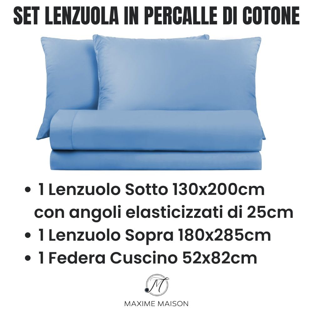 Lenzuola Percalle Made in Italy, Completo Letto Realizzato in Cotone Pregiato a Trama Fitta, Biancheria da Letto Certificata Oeko Tex Standard 100