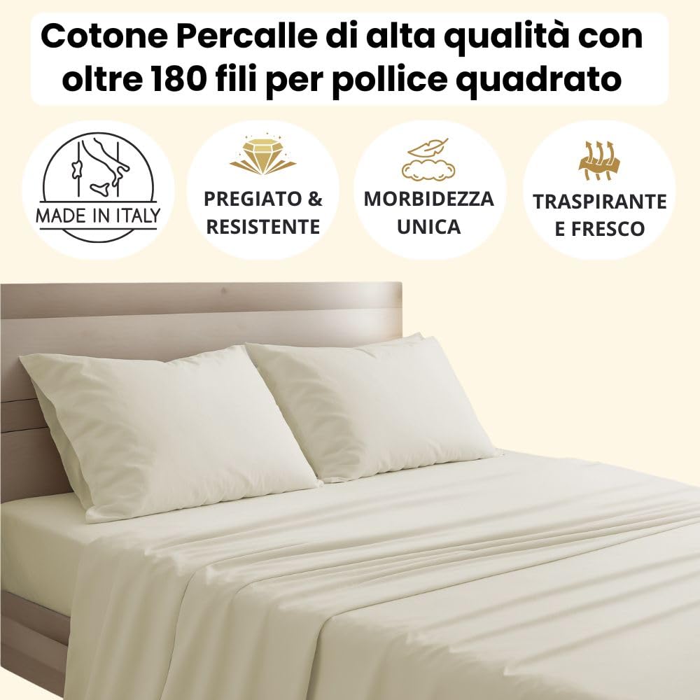 Lenzuola Percalle Made in Italy, Completo Letto Realizzato in Cotone Pregiato a Trama Fitta, Biancheria da Letto Certificata Oeko Tex Standard 100