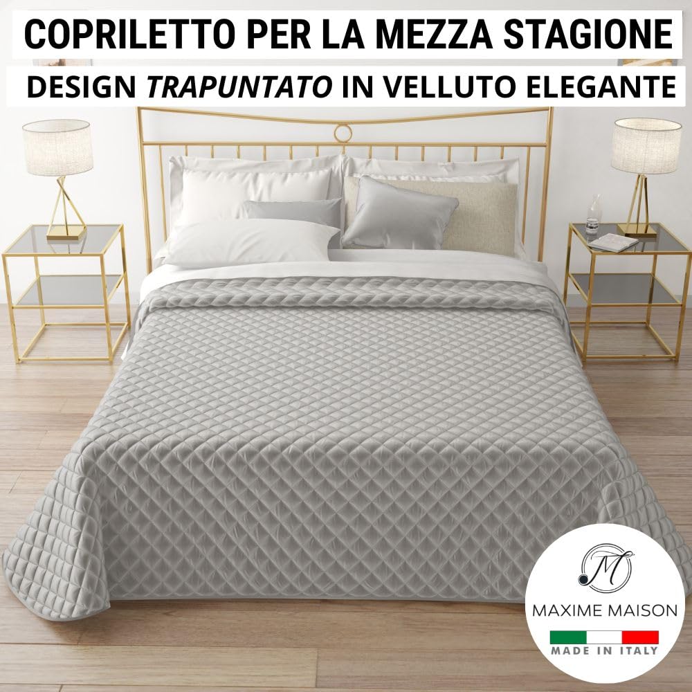 Trapunta Primaverile Autunnale Trapuntata in Morbido Velluto Elegante, Copriletto Leggero Made in Italy, Sensazione di Vero Lusso al Tatto