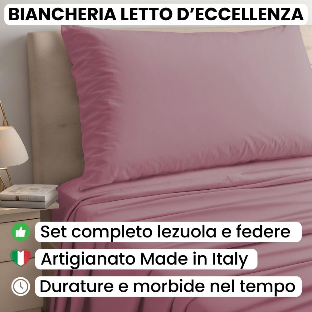 Lenzuola Percalle Made in Italy, Completo Letto Realizzato in Cotone Pregiato a Trama Fitta, Biancheria da Letto Certificata Oeko Tex Standard 100