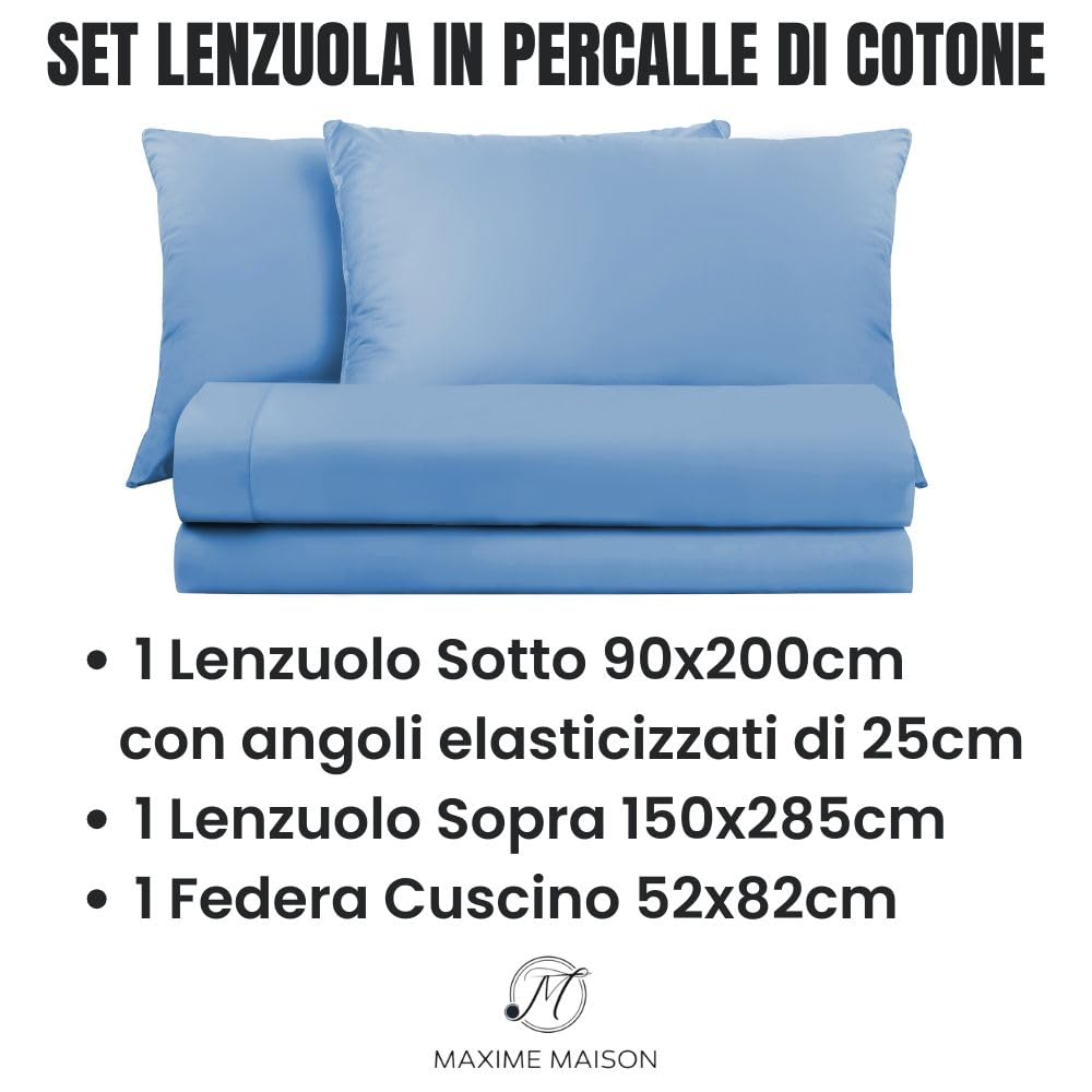 Lenzuola Percalle Made in Italy, Completo Letto Realizzato in Cotone Pregiato a Trama Fitta, Biancheria da Letto Certificata Oeko Tex Standard 100