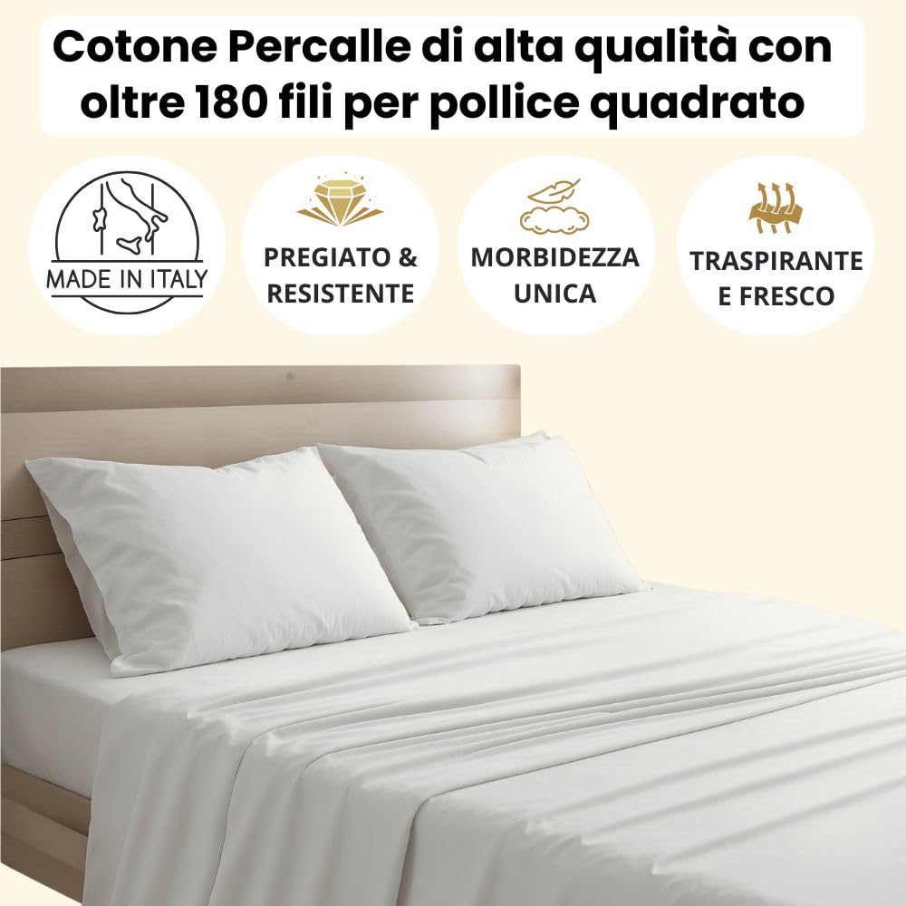Lenzuola Percalle Made in Italy, Completo Letto Realizzato in Cotone Pregiato a Trama Fitta, Biancheria da Letto Certificata Oeko Tex Standard 100