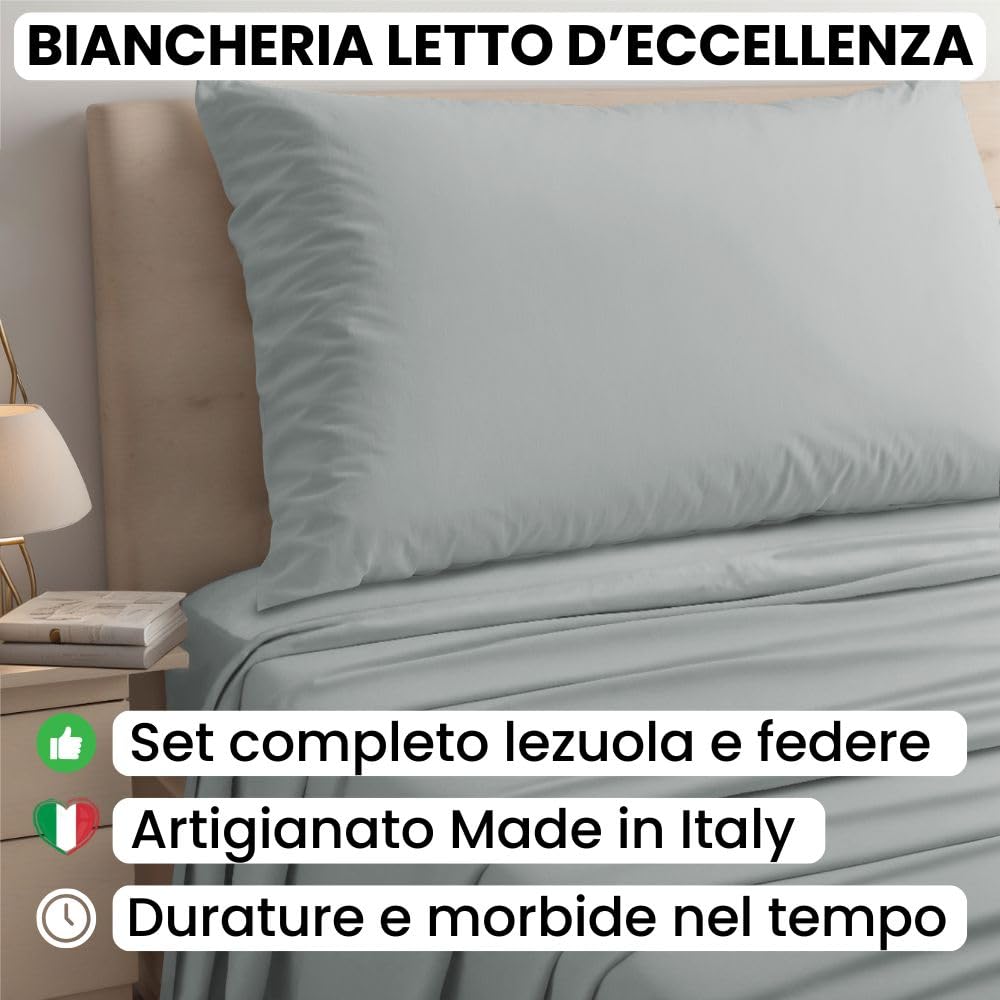 Lenzuola Percalle Made in Italy, Completo Letto Realizzato in Cotone Pregiato a Trama Fitta, Biancheria da Letto Certificata Oeko Tex Standard 100