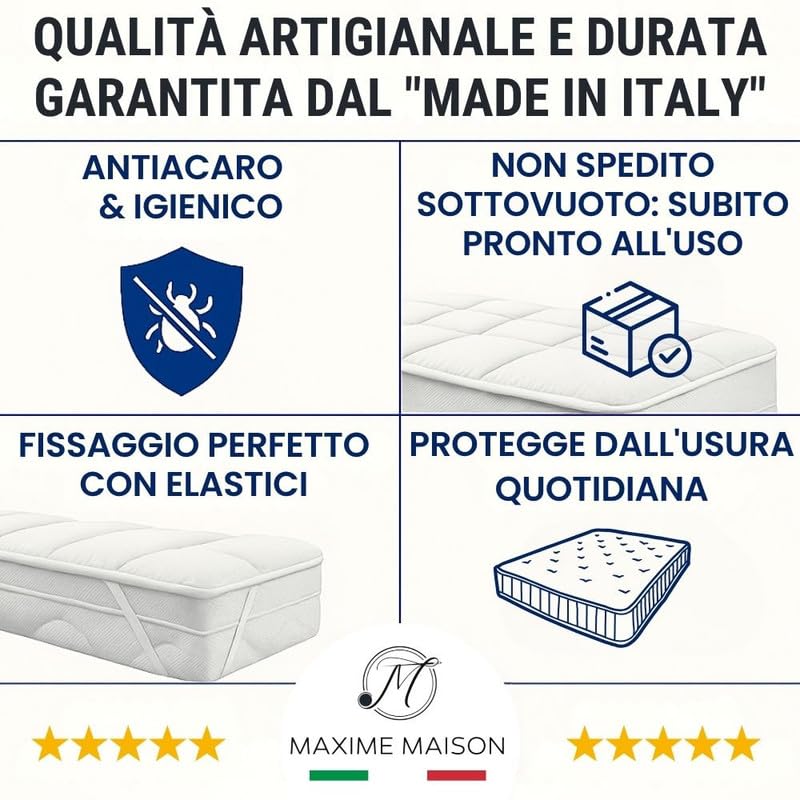 Topper Trapuntato con Elastici per Fissaggio - Imbottitura 700gr/mq Morbido, Protegge il Materasso dall'Usura e Migliora la Qualità del Sonno