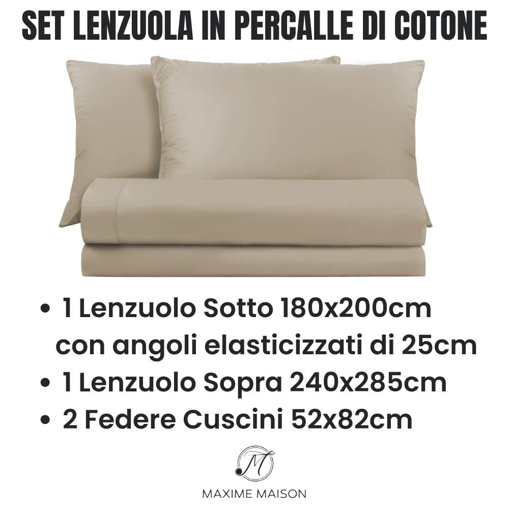 Lenzuola Percalle Made in Italy, Completo Letto Realizzato in Cotone Pregiato a Trama Fitta, Biancheria da Letto Certificata Oeko Tex Standard 100