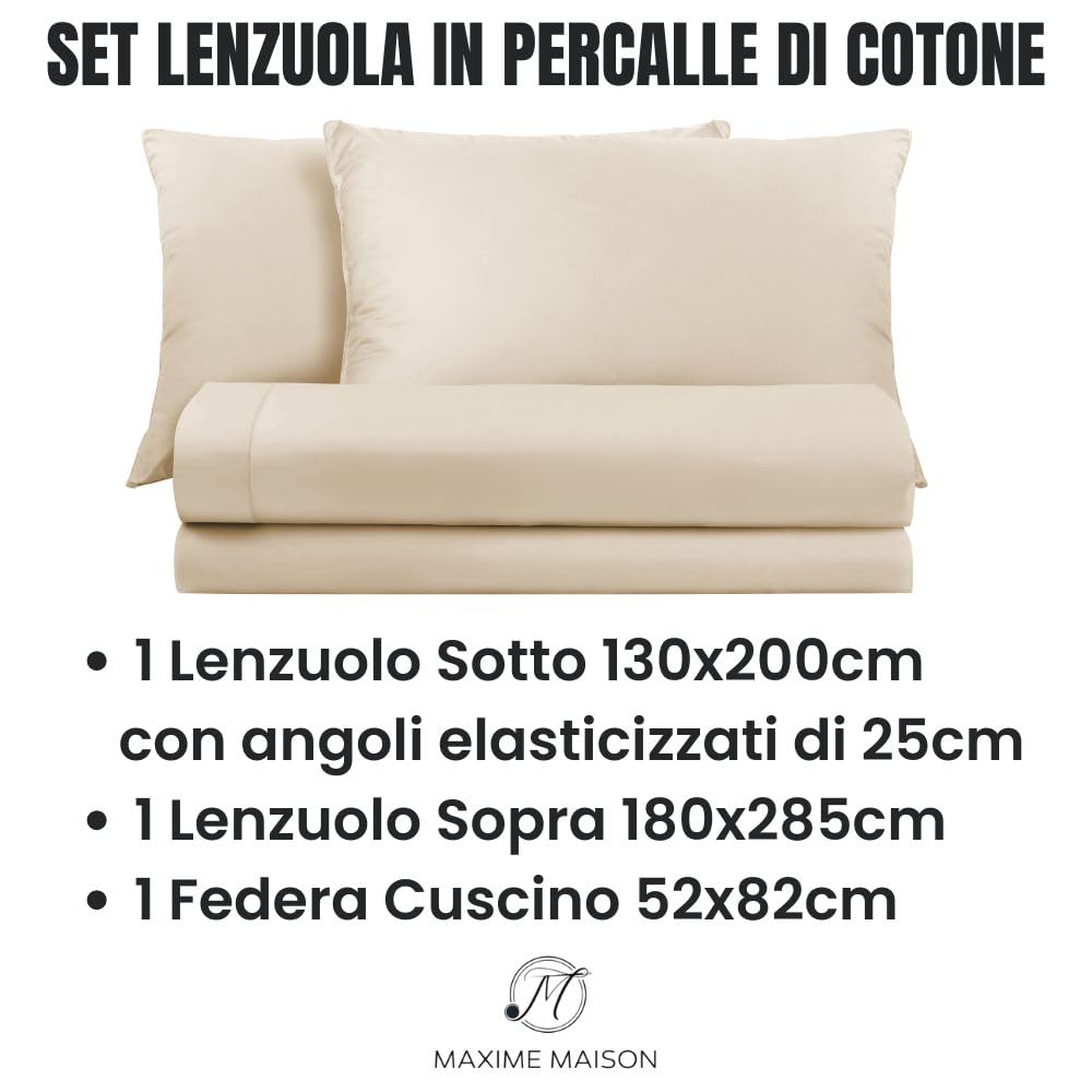 Lenzuola Percalle Made in Italy, Completo Letto Realizzato in Cotone Pregiato a Trama Fitta, Biancheria da Letto Certificata Oeko Tex Standard 100