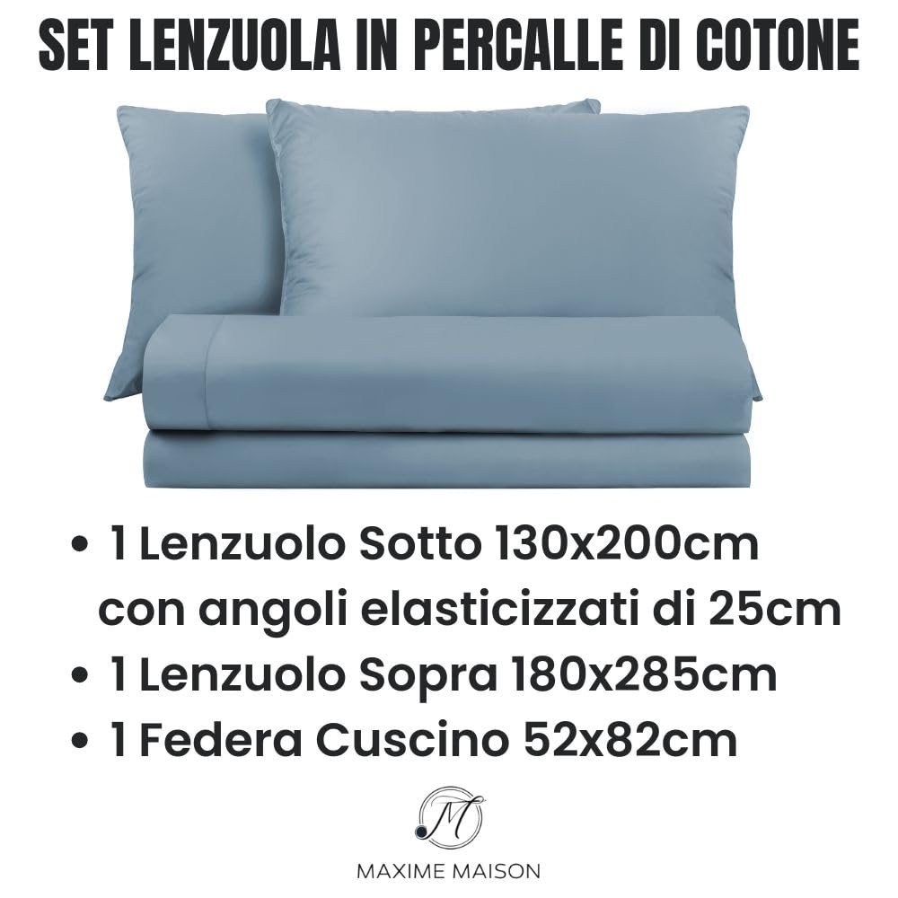 Lenzuola Percalle Made in Italy, Completo Letto Realizzato in Cotone Pregiato a Trama Fitta, Biancheria da Letto Certificata Oeko Tex Standard 100