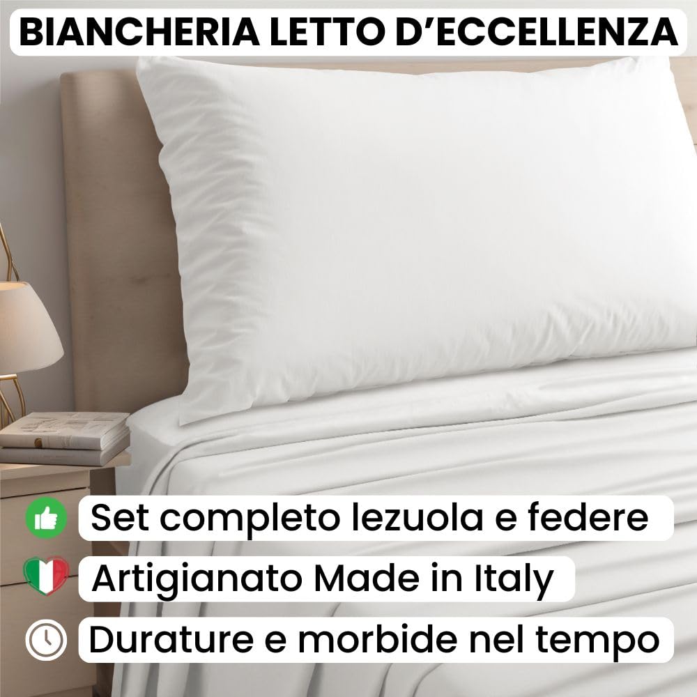 Lenzuola Percalle Made in Italy, Completo Letto Realizzato in Cotone Pregiato a Trama Fitta, Biancheria da Letto Certificata Oeko Tex Standard 100