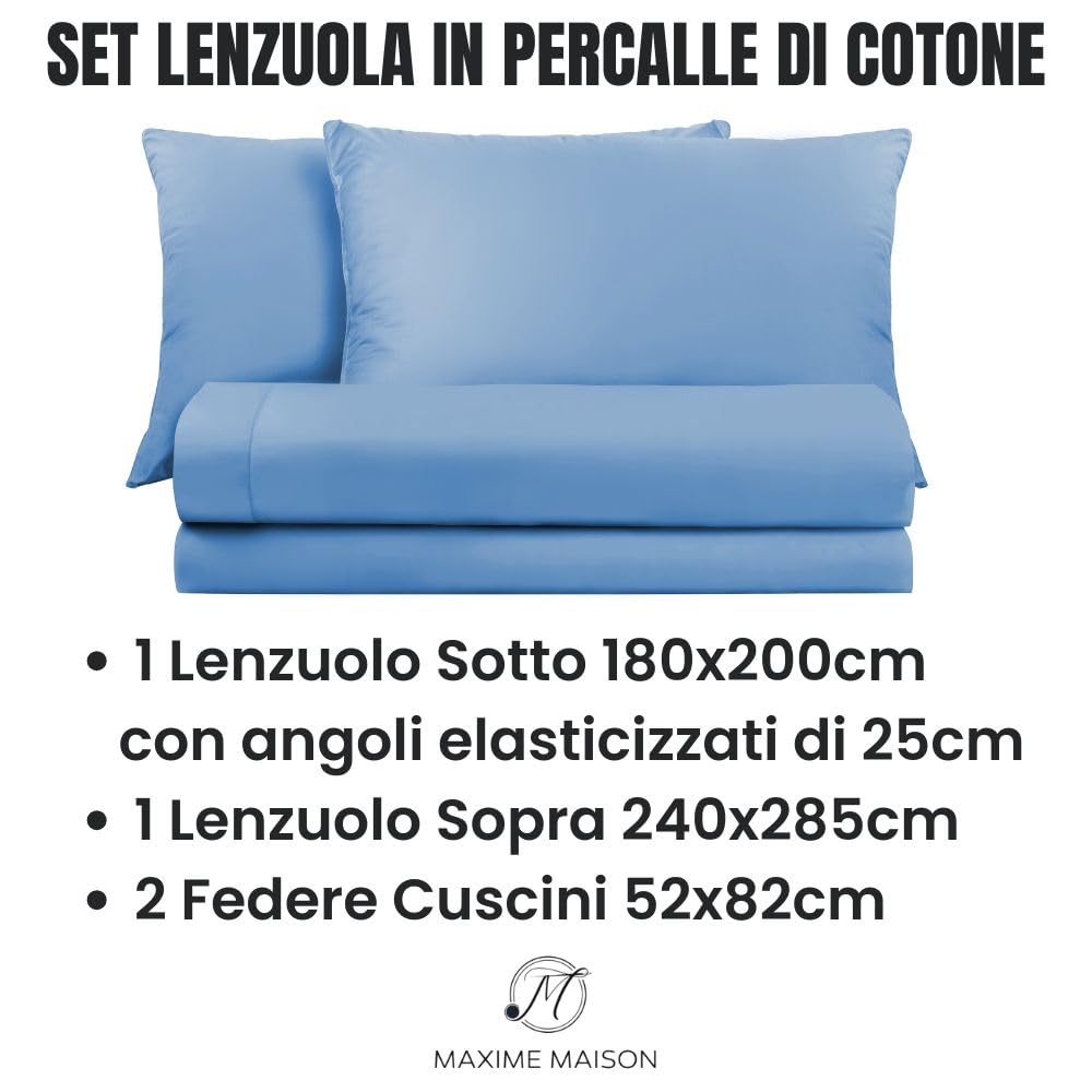 Lenzuola Percalle Made in Italy, Completo Letto Realizzato in Cotone Pregiato a Trama Fitta, Biancheria da Letto Certificata Oeko Tex Standard 100