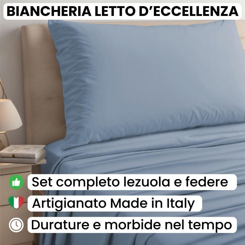 Lenzuola Percalle Made in Italy, Completo Letto Realizzato in Cotone Pregiato a Trama Fitta, Biancheria da Letto Certificata Oeko Tex Standard 100
