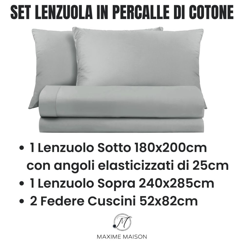 Lenzuola Percalle Made in Italy, Completo Letto Realizzato in Cotone Pregiato a Trama Fitta, Biancheria da Letto Certificata Oeko Tex Standard 100