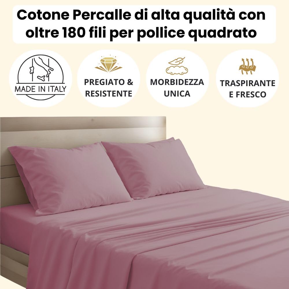 Lenzuola Percalle Made in Italy, Completo Letto Realizzato in Cotone Pregiato a Trama Fitta, Biancheria da Letto Certificata Oeko Tex Standard 100