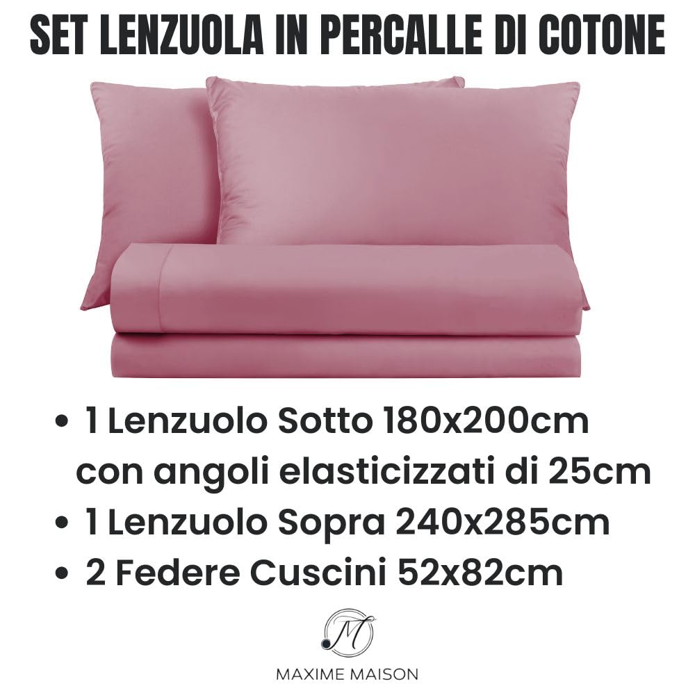 Lenzuola Percalle Made in Italy, Completo Letto Realizzato in Cotone Pregiato a Trama Fitta, Biancheria da Letto Certificata Oeko Tex Standard 100