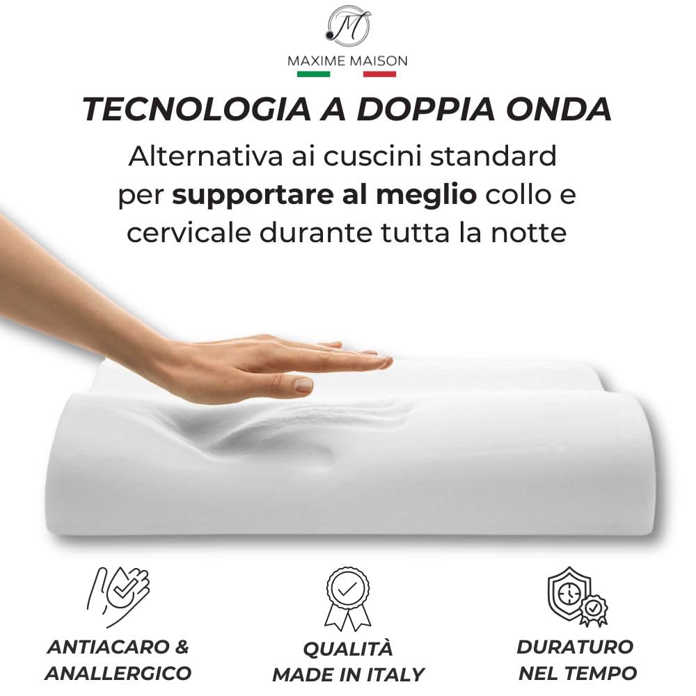 MAXIME MAISON - Coppia Cuscini Cervicale per Dormire, Cuscino Memory Foam Cervicale Ortopedico con Tecnologia a Doppia Onda Made in Italy, Cuscino Ergonomico Letto